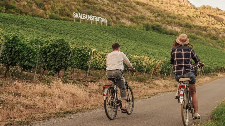 Zwei Radfahrer fahren entlang eines Weges durch die Weinberge der Region Saale-Unstrut, im Hintergrund der Schriftzug „Saale-Unstrut Wein“.